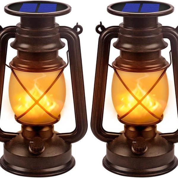 Solar Lantern Outdoor Hanging Solar Lights Dancing Flame Led Waterproof Camping Lamps, Landscape Decor for Table Patio Garden Yard Pathway Porch 2 Pack