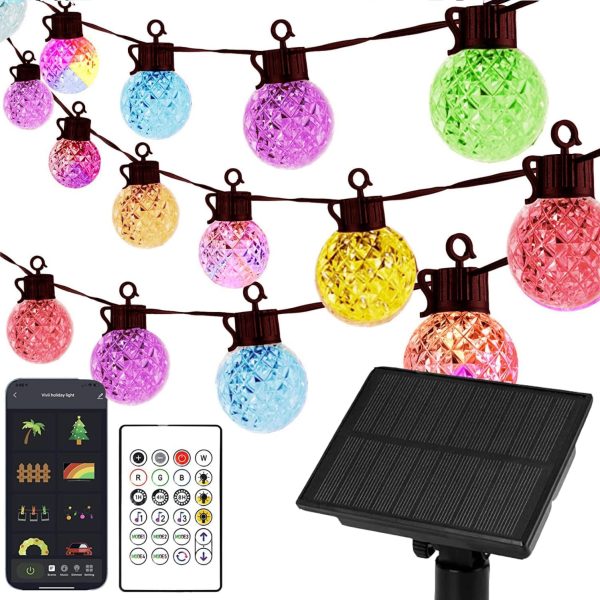 Solar LED String Lights, 25 RGB Color Changing Bulbs, Bluetooth App Control, IP65 Waterproof, 8 Scene & 4 Music Modes, 15ft Globe Lights for Patio, Backyard, and Party Decor