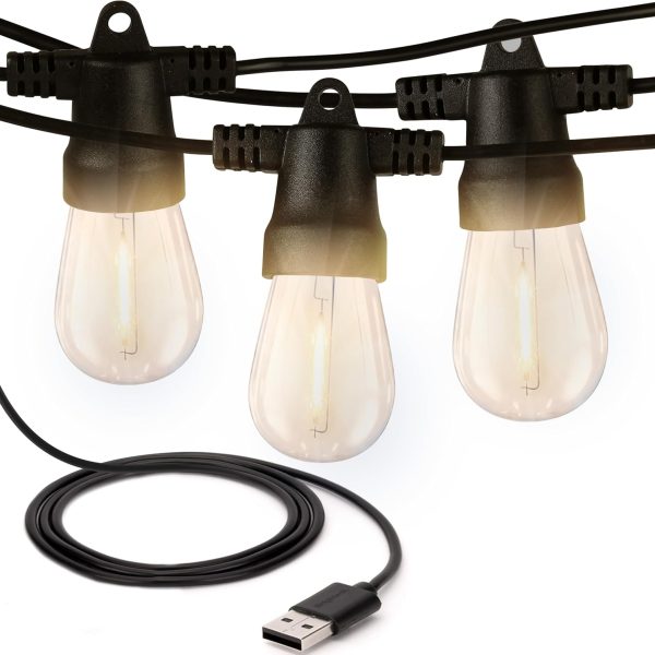 USB Powered String Lights - 24 Ft Commercial Grade Waterproof String Lights - Outdoor Shatterproof Patio Lights for Camping, Backyard, Porch, Christmas - 1W 12 Bulbs, Warm White