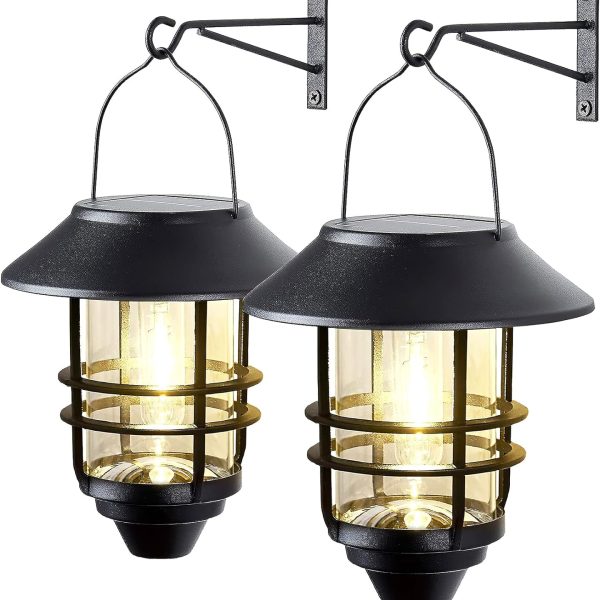 2 Pack Solar Lantern Outdoor, Waterproof Solar Lanterns Stainless Steel Glass Hanging Solar Lights for Outside,Fence,Wall,Porch Light Decoration