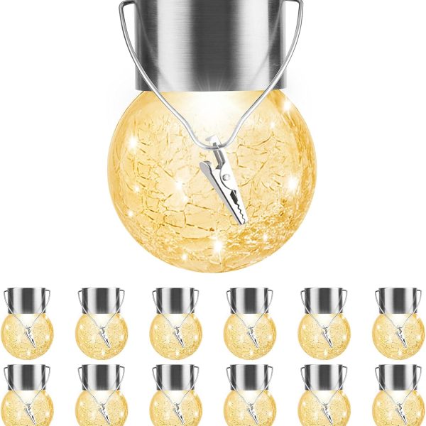 Solar Outdoor Lights Decorative 12 Pack, Hanging Solar Garden Lights Waterproof, Solar Powered Globe Lantern Cracked Glass Ball Lights for Yard Patio Fence Tree Umbrella Holiday Decoration,Warm White