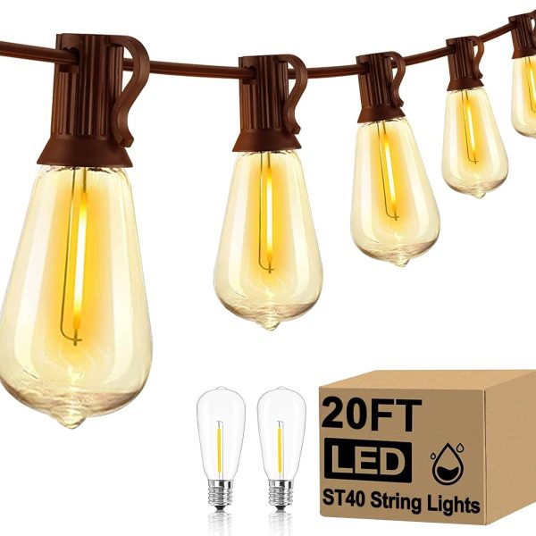 ST40 20Ft LED Outdoor String Lights with 22 Edison Shatterproof Bulbs, C9/E17 Screw Base, Waterproof Commercial Grade Patio Lights UL Listed for Outside Backyard Garden Bistro Porch Decor-Brown