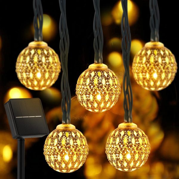 Solar Moroccan String Lights Outdoor 60 LED 36 Ft Globe Fairy Lights with 8 Lighting Modes, Waterproof Solar Powered String Lights for Garden Yard Gazebos Camping Party Holiday (Warm White)